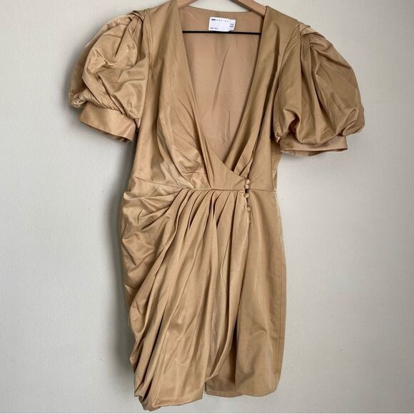 ASOS DESIGN khaki wrap front puff sleeve pleated drape front mini dress - Picture 1 of 4